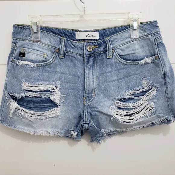 KanCan Women's Light Blue Distressed Jean Shorts - Picture 1 of 4